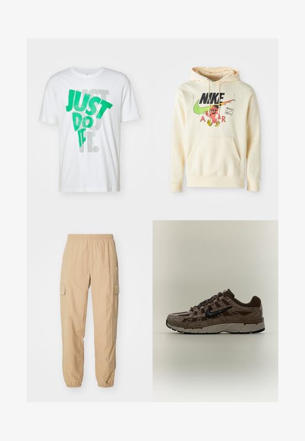 Sudadera con capucha en crema claro con un gráfico frontal que presenta un personaje, el logo de Nike y el texto "AIR". Bolsillo canguro y puños de canalé.; Camiseta blanca de algodón con gran texto verde "JUST DO IT" superpuesto sobre texto gris. Cuello redondo, mangas cortas, textura suave.; Pantalones cargo beige hechos de una tela ligera, con una cinturilla elástica, dos bolsillos laterales y puños elásticos en los tobillos.; Zapatilla Nike P-6000 en marrón y beige con logo negro, paneles laterales de malla y suela blanca acolchada sobre fondo neutro.