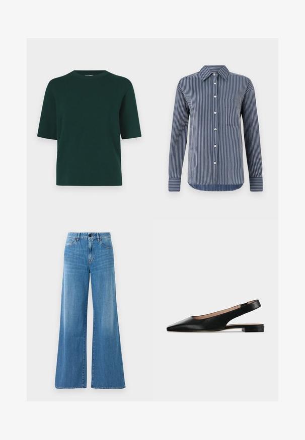 Chemise verte à manches courtes en tissu doux, avec un col rond et une coupe décontractée, sans motifs ni accessoires visibles.; Chemise à boutons en rayures bleu marine et blanches, à manches longues, avec une poche poitrine unique et un col classique, fabriquée en tissu léger.; Jeans en denim bleu taille haute avec une coupe large, fermeture à bouton à l'avant, fermeture éclair et poches avant et arrière.; Chaussure plate en cuir noir avec bride arrière, bout pointu et petit talon carré sur fond blanc.