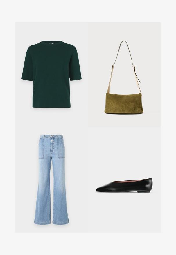 Chemise verte à manches courtes en tissu doux, avec un col rond et une coupe décontractée, sans motifs ni accessoires visibles.; CLOSED ARIA - Jean flare - light blue; Chaussure plate en cuir noir pour femme, avec bout pointu et petit talon, vue de côté sur un fond gris clair uni.; Sac à épaule en suède vert olive avec une forme rectangulaire lisse. Dispose d'une longue sangle en cuir ajustable et de matériel minimal.