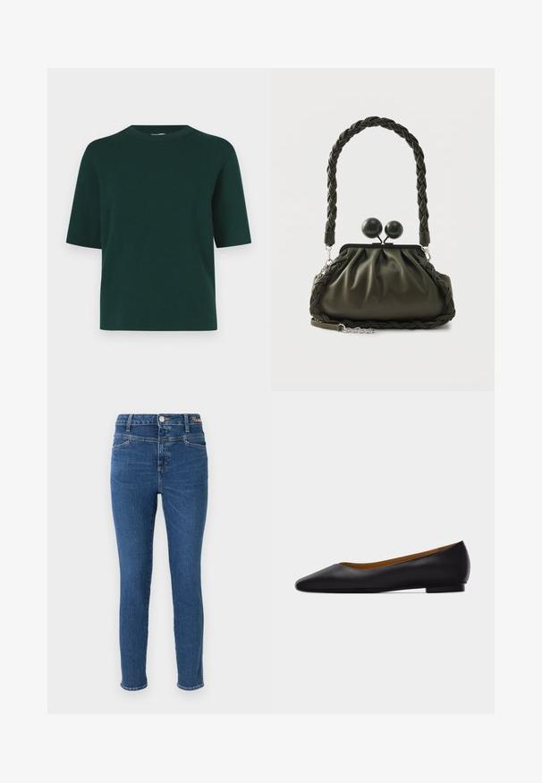 Grøn kortærmet skjorte lavet af blødt stof, med rund halsudskæring og en afslappet pasform, uden synlige mønstre eller beslag.; Slank jeans i mørkeblå denim med fem lommer, knaplukning og kontrastsyninger. Glat tekstur med minimal falmning.; Sort læder flad sko med spids tå, lav hæl og glat finish, vist fra siden på en lysegrå baggrund.; Olivengrøn læderhåndtaske med flettet håndtag og sølvhardware, med en samlet design og runde låsedetaljer på toppen.