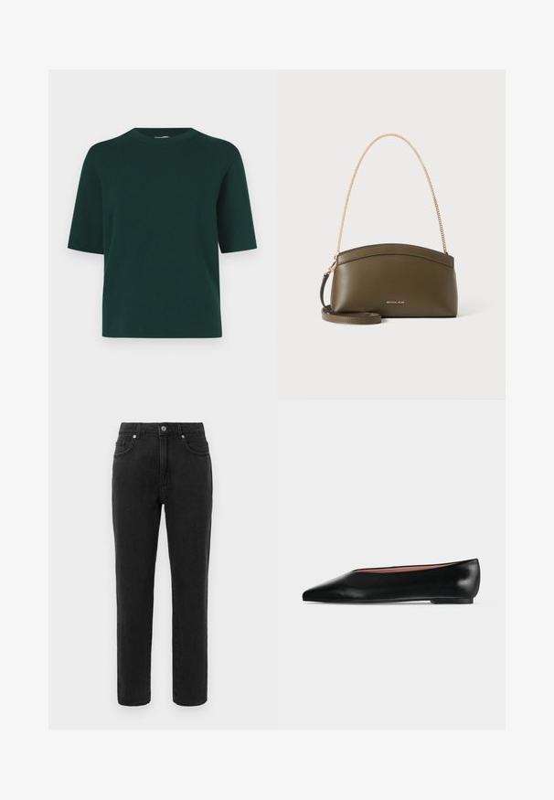 Groen shirt met korte mouwen gemaakt van zachte stof, met een ronde hals en een losse pasvorm, zonder zichtbaar patroon of sieraden.; Zwarte denim jeans met een recht beenontwerp, standaard vijf-pocket styling en een knoopsluiting. Heeft subtiele stikdetails.; Zwarte leren damesschoen met platte zool, puntige neus en lage hak, zijwaarts afgebeeld tegen een effen lichtgrijze achtergrond.; Olijfgroene Michael Kors-handtas met gouden kettingschouderband, gebogen bovenkant en klein goud logo aan de voorkant, getoond tegen een witte achtergrond.