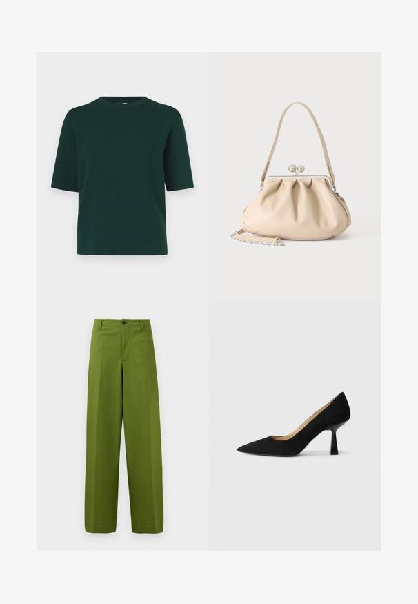 Camisa verde de manga corta hecha de tela suave, con un cuello redondo y un ajuste holgado, sin patrones ni elementos visibles.; Pantalones de pierna ancha verdes hechos de un tejido suave. Presentan un cierre frontal con un solo botón y un diseño frontal plano.; Zapato de tacón alto de ante negro con punta afilada, que cuenta con un tacón de bloque negro brillante y un forro interior suave.; Bolso de mano de cuero suave beige con cierre de marco metálico plateado, una correa para el hombro y una correa de cadena opcional sobre un fondo blanco.