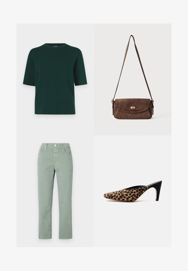 Groen shirt met korte mouwen gemaakt van zachte stof, met een ronde hals en een losse pasvorm, zonder zichtbaar patroon of sieraden.; Lichtgroene katoenen broeken met een recht-aflopende pasvorm, voorzien van voorzakken, een knoopsluiting en subtiele stikseldetails.; Puntschoen muilezool met luipaardprint bovenwerk en zwarte middelhoog stilettohak op een effen witte achtergrond.; Bruine suède schoudertas met een lange verstelbare band en een gouden draaisluiting op de voorflap.