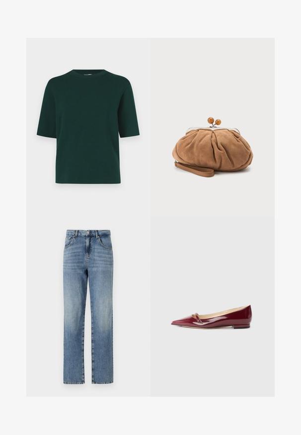 Groen shirt met korte mouwen gemaakt van zachte stof, met een ronde hals en een losse pasvorm, zonder zichtbaar patroon of sieraden.; Lichtblauwe denim jeans met een rechte pijpdesign, voorzien van vijf zakken, een knoop- en ritsluiting, en minimale vervaging op de stof.; Bordeaux patent leren ballerina's met een puntige neus, voorzien van een klein uitsnijdetail en een lage hak. Glad textuur en een slank ontwerp.; Kleine zachte bruine suède clutch met geplooide stof, metalen sluiting, houten kraalaccenten en polsriem op een witte achtergrond.