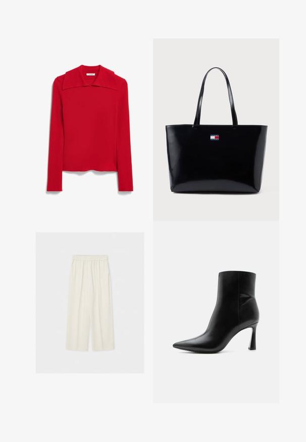 Punainen pitkähihainen paita, jossa on leveä, litteä kaulus ja teksturoitu kangas. Suora helma ilman kuvioita tai korostuksia.; Väljä, korkeavyötäröinen kermavärinen leveälahkeinen housu, jossa on joustava vyötärönauha, esitettynä litteänä vaaleaa taustaa vasten.; Musta nahkainen nilkkuri, jossa kärkiosa on terävä ja kapea, korkea piikkikorko, esitetty sivuprofiilissa valkoisella taustalla.; Musta kiiltävä kassi kahdella kahvalla. Ominaisuuksia ovat suorakaiteen muoto ja pieni logo-tägi, jossa on punaiset, valkoiset ja siniset värit edessä.