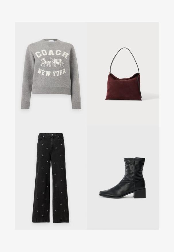 Suéter gris de cuello redondo con texto "COACH" y "NEW YORK" y un gráfico de un carruaje tirado por caballos en blanco en el frente.; Jeans anchos negros de mezclilla que presentan intrincadas cuentas plateadas y bordados en patrones florales y geométricos por todo su diseño.; Bota de cuero negra a media pantorrilla con punta cuadrada, cremallera lateral y tacón ancho sobre un fondo blanco liso.; Bolso de ante suave color granate con correa de hombro negra y herrajes dorados, presentado sobre fondo blanco.