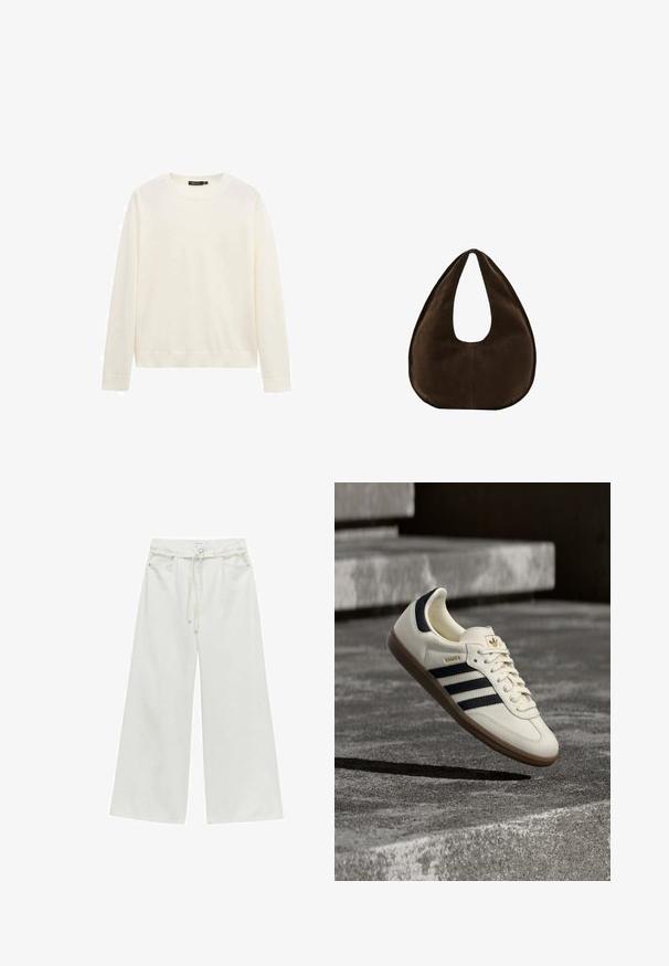 Witte trui met lange mouwen en ronde hals, voorzien van geribbelde manchetten en zoom, afgebeeld tegen een effen witte achtergrond.; Hoge taille wijduitlopende witte broek met riemlussen, knoop aan de voorkant, koordsluiting en zijzakken.; Witte Adidas Samba sneaker met zwarte strepen en gumzool, zwevend boven gestructureerde grijze betonnen treden.; Donkerbruine suède handtas in halve maanvorm met een enkele brede riem en een gladde textuur op een witte achtergrond.