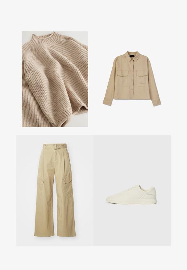 Strikket sweater i lys beige med en ribbestrikket tekstur, udstyret med en høj krave og en bred, afslappet silhuet. Markeret med en struktureret syning.; Beige langærmet skjorte lavet af blødt stof, med knaplukning, to brystlommer og lige kant. Subtil logo broderi foran.; Beige cargo bukser med vid ben, lavet af letvægtsstof. Har en bæltestrop i taljen, to sidelommer og markante frontfold.; Hvide lædersneakers med rund tå, snørebånd foran, minimalistisk design og diskret branding på siden. Flad gummisål, glat tekstur.