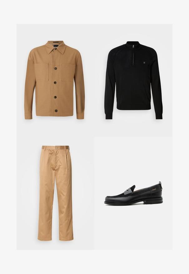 Čierny pletený sveter s polovičným zipsom na golieri, rebrovanými manžetami, textúrovanými detailmi na pleciach a malým logom na hrudi.; BOSS CRAIG - Košeľa - medium beige; Khaki nohavice, z bavlneného zmesi, priamy strih, predné záhyby, pútka na opasok a gombíkový uzáver. Hladká textúra bez vzoru.; Čierny kožený mokasín so sivým remienkom, nízkym podpätkom a textúrovanou podrážkou, so značkou "HUGO" v zlatej farbe na boku.