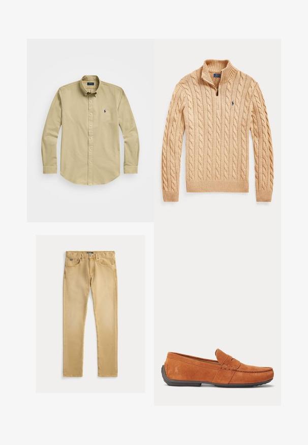 Beige-neuletakki, jossa on neljänneksen mittainen vetoketju sekä ribbineuloskaulus, -hihansuut ja -helma, rinnassa pieni kirjailtu logo.; Vaaleanbeige nappikauluspaita, pitkät hihat, puuvillamateriaali, klassinen kaulus, rintataskussa pieni tummansininen logo, suora helma.; Vaaleanbeiget puuvillafarkut, joissa on slim fit -leikkaus, viisi taskua ja näkyvä ompelu. Vyötäröllä on metallinen nappi ja merkki.; Ruskeat mokkasiinit miehille, joissa ompeluskoristeita, pennytasku päällä ja tumma kumipohja.