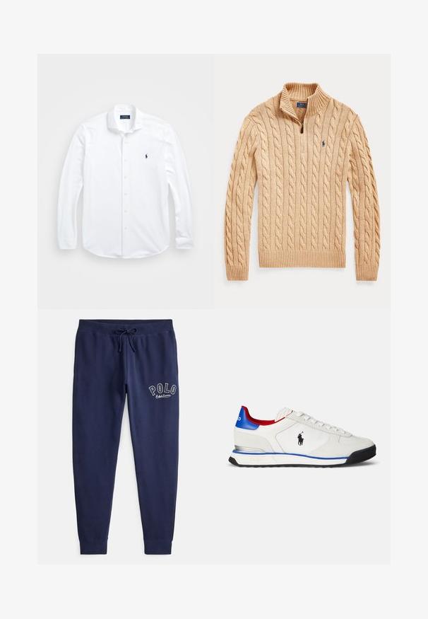 Beige kabelgebreide trui met een kwartrits en geribde kraag, manchetten en zoom, met een klein geborduurd logo op de borst.; Witte lange mouwen knoopshirt van katoen. Heeft een klassieke kraag, normale pasvorm en een klein marineblauw logo op de borst.; Marineblauwe katoenen joggers met elastische tailleband en verstelbare trekkoord. Voorzien van een geborduurd "POLO"-logo in het wit op de linkerdij.; Witte sneaker met een bovenwerk van glad leer en textiel, met blauwe en rode accenten, een zwarte zool en een klein logo aan de zijkant.
