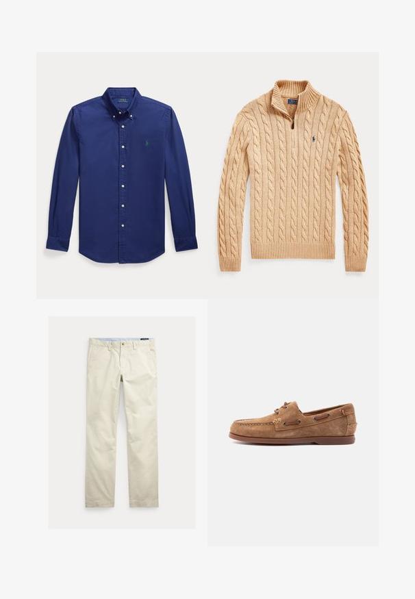 Jersey beige de punto con trenzas con cremallera hasta el cuarto, cuello, puños y bajo acanalados, con un pequeño logo bordado en el pecho.; Camisa de botones de manga larga azul marino hecha de algodón. Presenta un collar puntiagudo y un pequeño logo bordado en verde en el lado izquierdo del pecho.; Pantalones de algodón beige de corte recto con trabillas para cinturón, botón frontal, cierre de cremallera y bolsillos laterales.; Mocasín de ante marrón con detalles de cordón de cuero, puntera cosida y suela plana de goma, mostrado de lado sobre un fondo claro.
