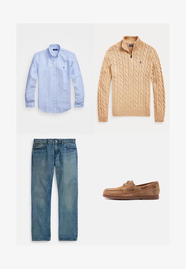 Beige kabelstrikket sweater med kvartlynlås og ribstrikket krave, manchetter og kant, med et lille broderet logo på brystet.; Blå og hvid stribet langærmet skjorte lavet af bomuld, med knap-ned krave, frontknapper og et lille broderet logo på brystet.; Lyseblå denimjeans med lige ben, der har fem lommer, lukning med knap og diskret falmet effekt for tekstur.; Brun mokkasinsko i ruskind med læresnøredetaljer, syet tå og flad gummisål, vist fra siden på en lys baggrund.