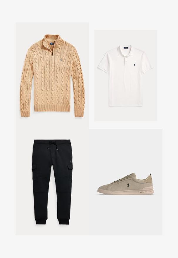 Beige-neuletakki, jossa on neljänneksen mittainen vetoketju sekä ribbineuloskaulus, -hihansuut ja -helma, rinnassa pieni kirjailtu logo.; Valkoinen lyhythihainen Polo Ralph Lauren -paita, jossa kaulus, kaksinappinen läppä ja vasemmassa rinnassa pieni tummansininen kirjailtu hevosen logo.; Mustat cargo-jogger-housut, joissa on kiristysnauhavyötärö, sivutaskut kannella, resorit lahkeensuissa ja pieni valkoinen polo-pelaajan logo oikeassa reisissä.; Vaalean beige mokkainen matalakärkinen lenkkari, jossa Polo-logo sivulla ja kannassa, edessä nauhat ja beigen värinen kumipohja.