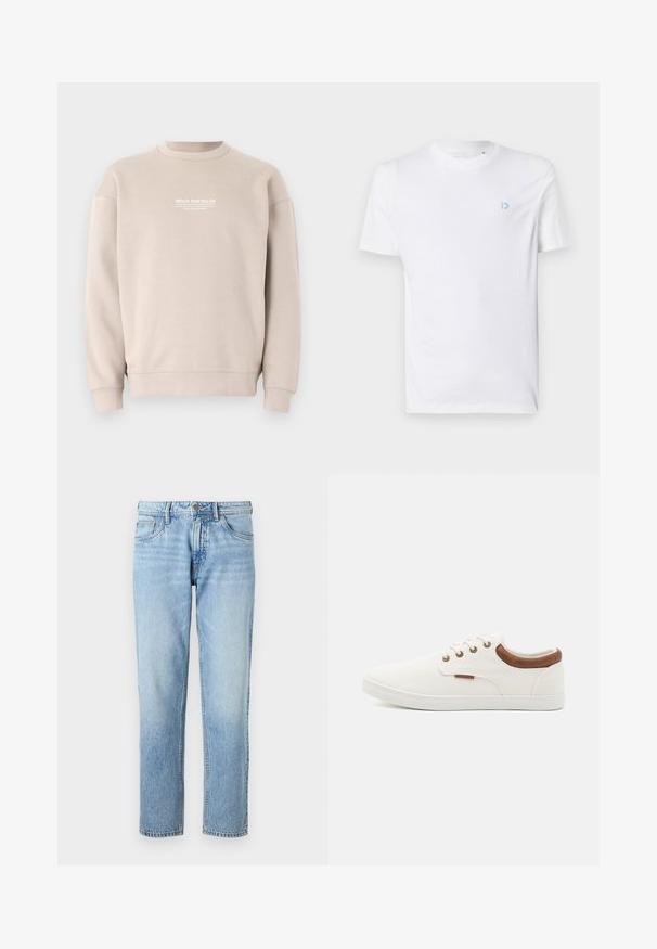 Beige Sweatshirt aus weichem Stoff mit einem Rundhalsausschnitt. Mit weißem Textlogo auf der Brust sowie gerippten Bündchen und Saum.; Weißes Baumwoll-T-Shirt mit rundem Halsausschnitt und kurzen Ärmeln, mit einem hellblauen Logo auf der linken Brust. Glatte Textur, schlichtes Design.; Hellblaue Jeans aus Denim mit geradem Bein, Fünf-Taschen-Design, ausgewaschenem Stoff und klassischem Knopf- und Reißverschluss.; Weiße Leinensneaker mit einer glatten Textur, braunen Lederakzenten an der Ferse und fünf Metallösen für die Schnürsenkel. Mit einer flachen Gummisohle.