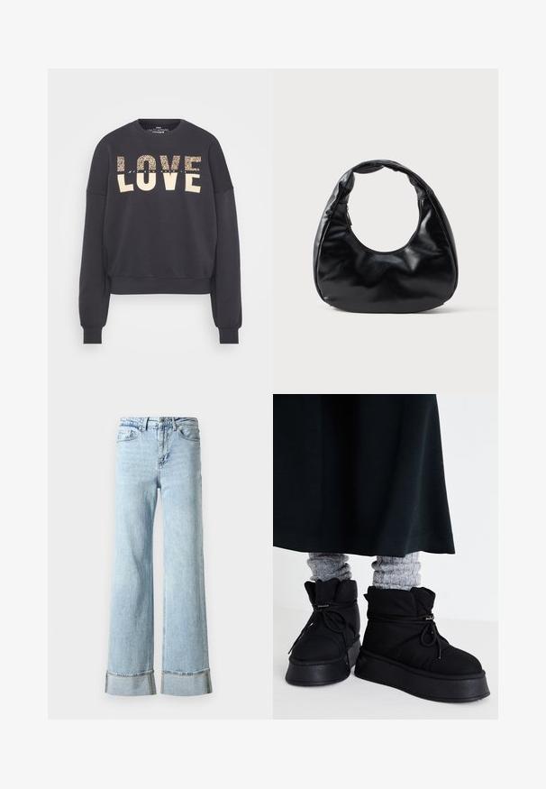 Dunkelgraues Sweatshirt mit einem cropped Design. Mit der Aufschrift "LOVE" in Creme und Tierdruck, gerippten Bündchen und Rundhalsausschnitt. Weiche Textur.; Hellblaue Jeans aus Denim mit weitem Bein, ausgefransten Säumen und dekorativer Strassverzierung an den Bündchen. Standardmäßiges Fünf-Taschen-Design.; Schwarze, gepolsterte Knöchelstiefel mit flachen Sohlen, Schnürsenkeln und auffälligen Nähten. Kombiniert mit grauen, gerippten Socken, die hervorlugen, und getragen zu einem dunklen Rock.; Schwarze Kunstleder-Handtasche mit einzigartiger Halbmondform, einem breiten, gepolsterten Henkel und einem Reißverschluss. Glatte, glänzende Textur, minimalistisches Design.