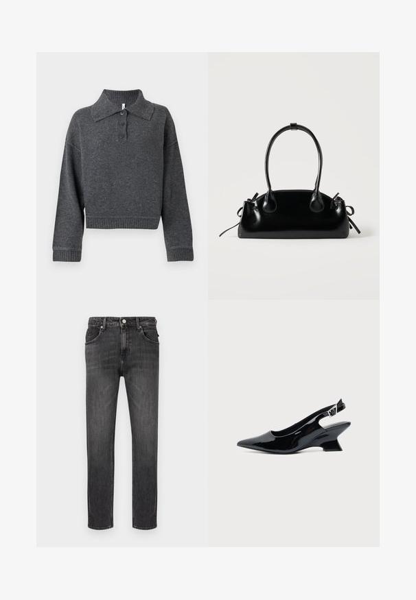 Pull en maille gris foncé avec un col à revers, trois boutons, et des poignets et un ourlet côtelés. Présente une silhouette courte et une texture douce.; Jean en denim noir à coupe droite, cinq poches et fermeture à boutons sur le devant. Texture douce avec un léger effet délavé et des coutures contrastées.; Chaussure slingback en cuir verni noir avec bout pointu et petit talon bloc incliné sur fond clair uni.; Petit sac à main noir brillant avec deux longues anses et des détails à cordon sur les côtés sur un fond clair uni.