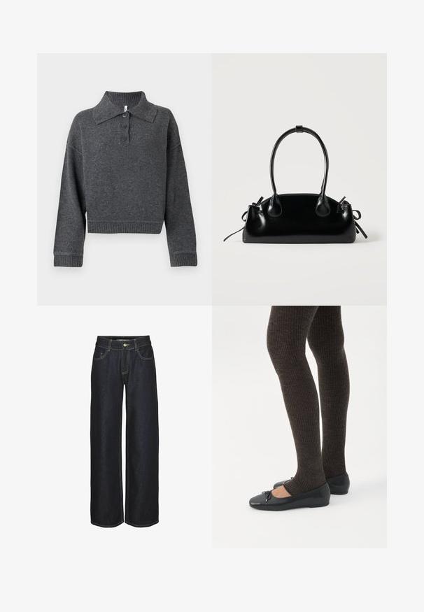 Donkergrijze gebreide trui met een kraag, drie knopen en geribde manchetten en onderrand. Heeft een cropped silhouet en een zachte textuur.; Donkerblauwe rechte jeans met voorzakken, riemlussen en gele contrasterende stiksels, weergegeven op een witte achtergrond.; Benen met donkere geribbelde leggings gecombineerd met zwarte ballerina's met kleine strikdetails op een witte achtergrond.; Kleine zwarte glanzende handtas met twee lange hengsels en zijkant trekkoord details op een effen lichte achtergrond.