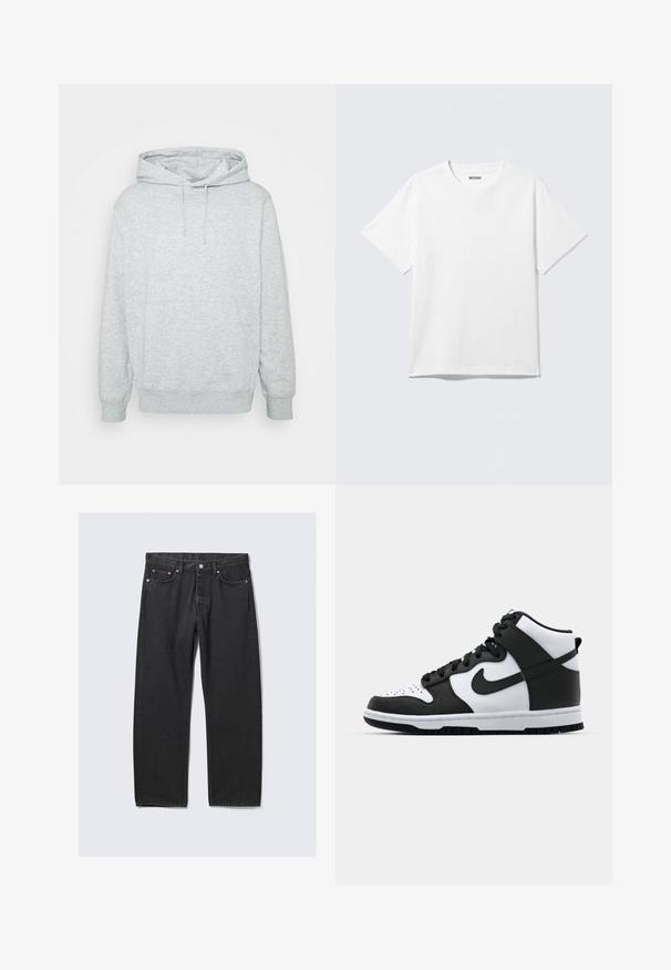 Grijze hoodie van een katoenmix, met een trekkoordkap, kangoeroe-inzet, ribgebreide manchetten en onderrand, en een zachte textuur.; Witte T-shirt met korte mouwen en ronde hals, plat gelegd, effen ontwerp, met een "WEEKDAY" label in de kraag op een lichte achtergrond.; Zwarte rechte denim jeans met vijf zakken en een knoopsluiting in de taille, plat gelegd op een lichte achtergrond.; Zwart-witte hoge sneakers met leren bovenwerk, geperforeerde neus, prominente swoosh-logo en een getextureerde rubberen zool.
