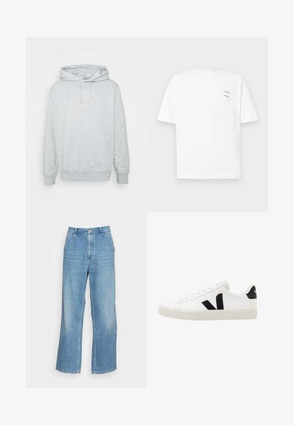 Graue Kapuzenjacke aus einem Baumwoll-Mischgewebe, versehen mit einer Kordelzugkapuze, einer Kängurutasche, gerippten Bündchen und Saum, in einer weichen Textur.; Weißes Baumwoll-T-Shirt mit lässiger Passform, kurzen Ärmeln und V-Ausschnitt. Verfügt über zwei kleine schwarze gedruckte Logos auf der linken Seite.; Helle blaue weit geschnittene Jeans aus Denim. Mit hoher Taille, Knopfverschluss und klassischem Five-Pocket-Design. Glatte Textur.; Weiße Leder-Sneaker mit schwarzen Wildlederelementen; verfügen über eine Gummisohle, eine runde Spitze und ein klassisches Schnürdesign. Seitliches Logo in Schwarz.