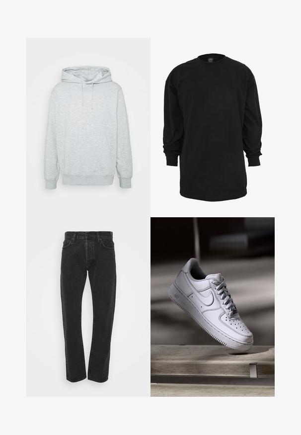 Grijze hoodie van een katoenmix, met een trekkoordkap, kangoeroe-inzet, ribgebreide manchetten en onderrand, en een zachte textuur.; Zwart T-shirt met lange mouwen, gemaakt van katoen. Kenmerkt zich door een ronde halslijn en een reguliere pasvorm. Glad oppervlak zonder zichtbare patronen of accenten.; Zwarte rechte spijkerbroek voor heren met een knoop en rits aan de voorkant, vijf zakken en riemlussen op een witte achtergrond.; Witte Nike Air Force 1 sneaker van leer met geperforeerde neus, platte veters en een gestructureerde rubberen zool met "AIR"-logo aan de zijkant.