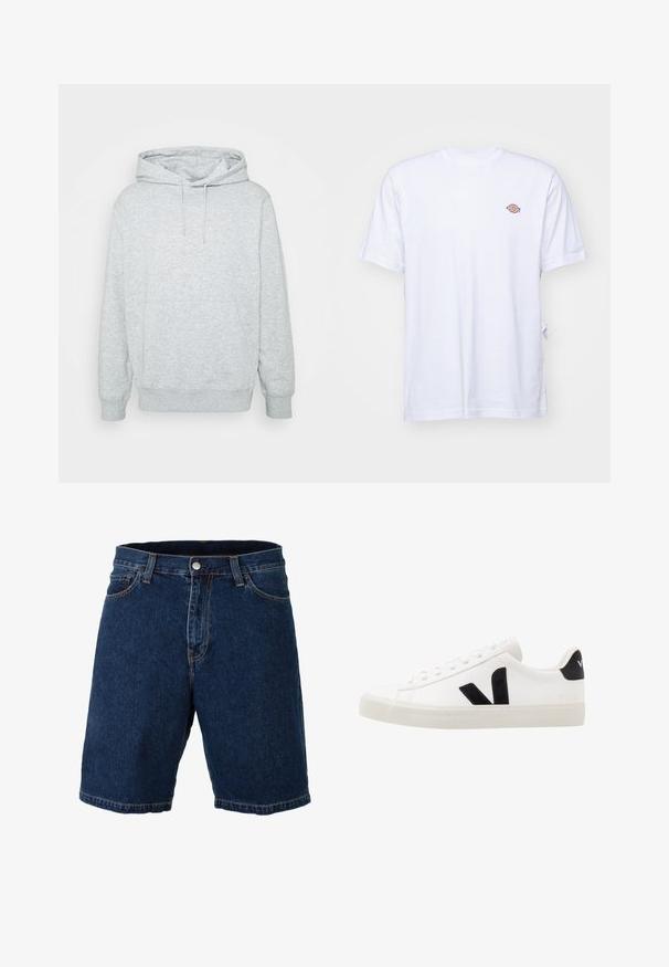 Grå hættetrøje lavet af en bomuldsblanding, med snor i hætten, kengurulomme, ribbede manchetter og kant, samt en blød tekstur.; Hvid bomulds t-shirt med v-hals og korte ærmer. Har et lille farverigt broderet logo på venstre bryst. Blød tekstur.; Mørkeblå denimshorts med lige snit, almindelig talje og metalknaplukning; har kontrasterende gul syning og kant.; Hvide lædersneakers med sorte ruskindsdetaljer; har en gummisål, rund tå og klassisk snørebåndsdesign. Side logo i sort.