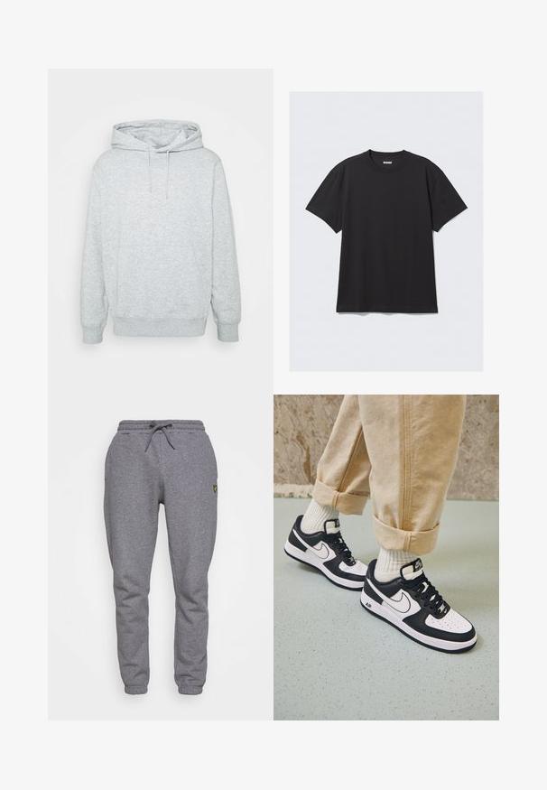 Grå hættetrøje lavet af en bomuldsblanding, med snor i hætten, kengurulomme, ribbede manchetter og kant, samt en blød tekstur.; Sort kortærmet t-shirt lavet af bomuld. Har en rund halsudskæring og en afslappet pasform. Enkel design uden synlige mønstre eller accenter.; Grå bomulds sweatpants med elastisk talje, snøre, sidelommer og et lille gult logo på låret. Tapered ben design.; Sorte og hvide Nike Air Force 1 sneakers med læderoverdel, perforeret tå og tekstureret såldetalje, båret med rullede beige bukser og hvide sokker.