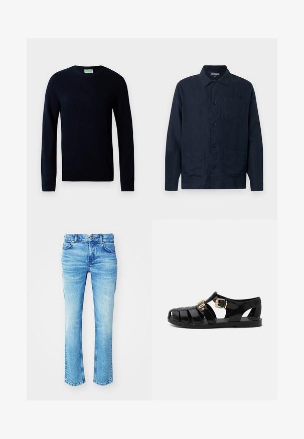 Suéter negro de manga larga con cuello redondo, con puños y dobladillo acanalados, exhibido sobre un fondo blanco.; Camisa chaqueta de lino azul marino oscuro para hombre, con mangas largas, collar, cierre de botones y tres bolsillos frontales, incluido un bolsillo en el pecho.; Vaqueros de mezclilla azul con un lavado desvaído, diseño de pierna recta y dobladillo sin terminar. Presenta un estilo de cinco bolsillos y detalles de botones metálicos.; Sandalias de goma negras con diseño perforado, que cuentan con un cierre de hebilla dorada y una plantilla texturizada. Logo estampado en el talón.
