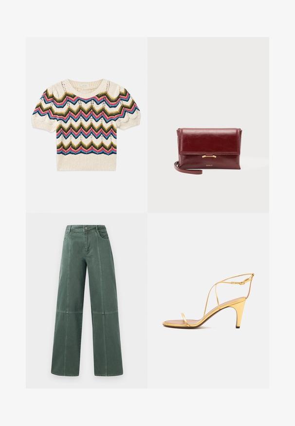 Pull en tricot avec une base crème et des motifs en zigzag verts, rouges, bleus et noirs. Manches courtes et col et ourlet côtelés.; Pantalons larges en denim vert foncé, avec des coutures surpiquées, cinq poches et une fermeture à bouton à la taille. Texture lisse et design décontracté.; Sandale à talons hauts dorée avec fines lanières et une fine boucle à la cheville sur un fond gris clair.; Petit sac pochette en cuir bordeaux avec fermeture à rabat, accent doré et bracelet poignet, posé sur un fond uni.