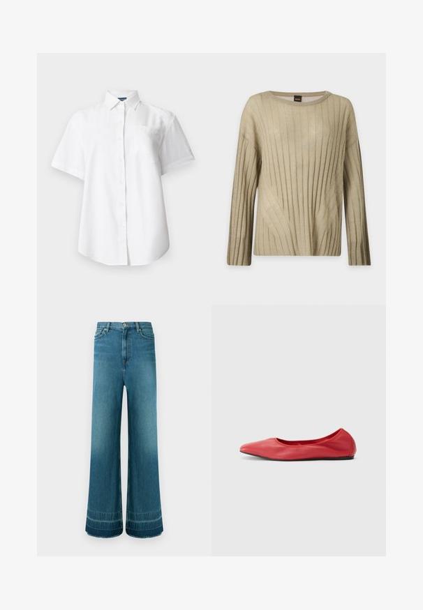 Pull beige à manches longues côtelé avec col rond et texture douce, avec une petite étiquette de marque noire et orange à l'intérieur du col.; Chemise blanche à manches courtes avec col et poche poitrine, présentée sur un fond clair uni.; Jean denim bleu taille haute à jambes larges, cinq poches, fermeture à boutons et légère décoloration près des ourlets.; Filippa K REY FLATS - Ballerines - bright red