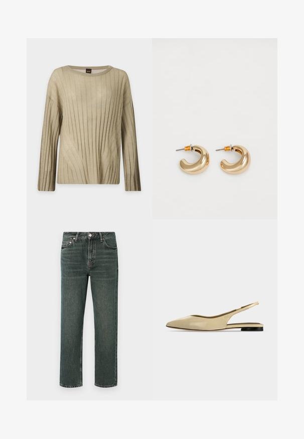 Pull beige à manches longues côtelé avec col rond et texture douce, avec une petite étiquette de marque noire et orange à l'intérieur du col.; Jean en denim vert foncé à coupe droite, présentant un design classique à cinq poches, des coutures visibles et une fermeture à bouton à la taille.; Chaussure plate beige à bout pointu avec bride arrière, petit talon noir et finition en cuir lisse, vue de côté sur un fond uni.; Deux boucles d'oreilles en forme de cerceau en or brillant, avec un design courbé, présentant des accents orange près de la tige, sur fond blanc uni.
