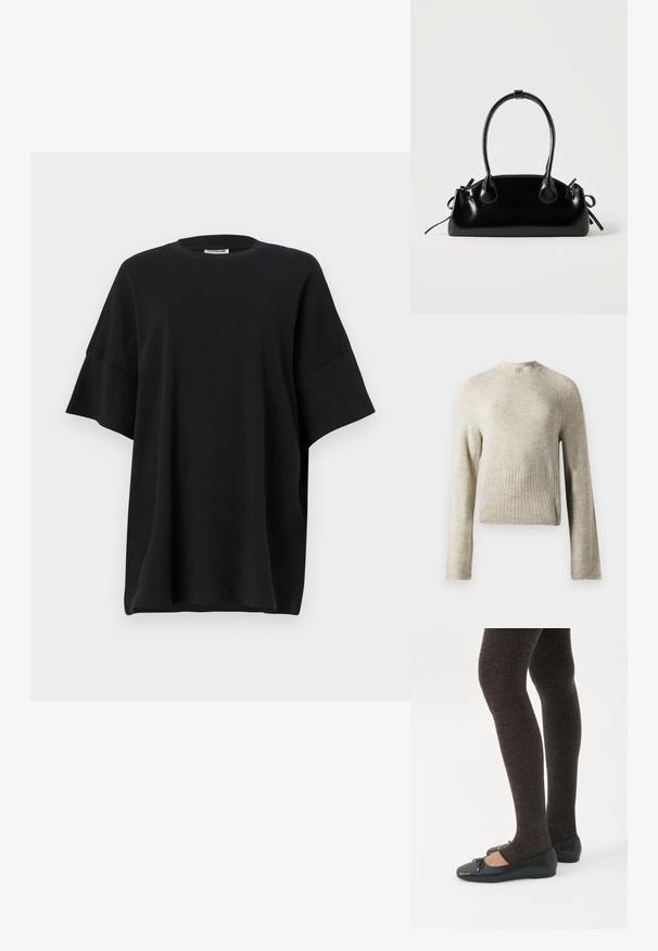 Suéter gris claro con cuello alto, mangas largas y borde acanalado. Confeccionado con un material suave y peludo; presenta un ajuste relajado.; Camiseta negra de gran tamaño hecha de algodón, con un escote redondo y mangas cortas y anchas, de textura suave y ajuste holgado.; Piernas con leggings oscuros acanalados combinados con bailarinas negras que presentan pequeños detalles de lazo sobre un fondo blanco.; Pequeño bolso negro brillante con dos asas largas y detalles de cordón lateral sobre un fondo claro liso.