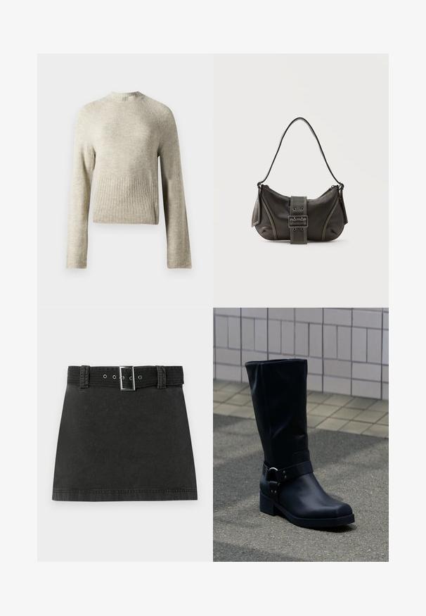 Lys grå sweater med høj hals, lange ærmer og ribbet kant. Fremstillet af blødt, fuzzy materiale; har en afslappet pasform.; Sort denim miniskirt med et matchende bælte, der har metalspænde og bæltestropper, præsenteret fladt på en hvid baggrund.; Sort læderstøvle midt på læggen med lav blokhæle og en dekorativ rem med metal spænde rundt om anklen, på en flisebelagt fortov.; Sort læder skuldertaske med spænde på remmen, afrundede kanter og kontrasterende hvide syninger på en ensfarvet baggrund.