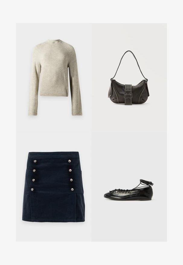 Lys grå sweater med høj hals, lange ærmer og ribbet kant. Fremstillet af blødt, fuzzy materiale; har en afslappet pasform.; Marineblå corduroy nederdel med lige pasform, fem metalliske knapper foran og to sidelommer for funktionalitet.; Sorte balletflade sko i laklæder med rundet tå, snørelukning og flad sål. Glat tekstur med få detaljer.; Sort læder skuldertaske med spænde på remmen, afrundede kanter og kontrasterende hvide syninger på en ensfarvet baggrund.