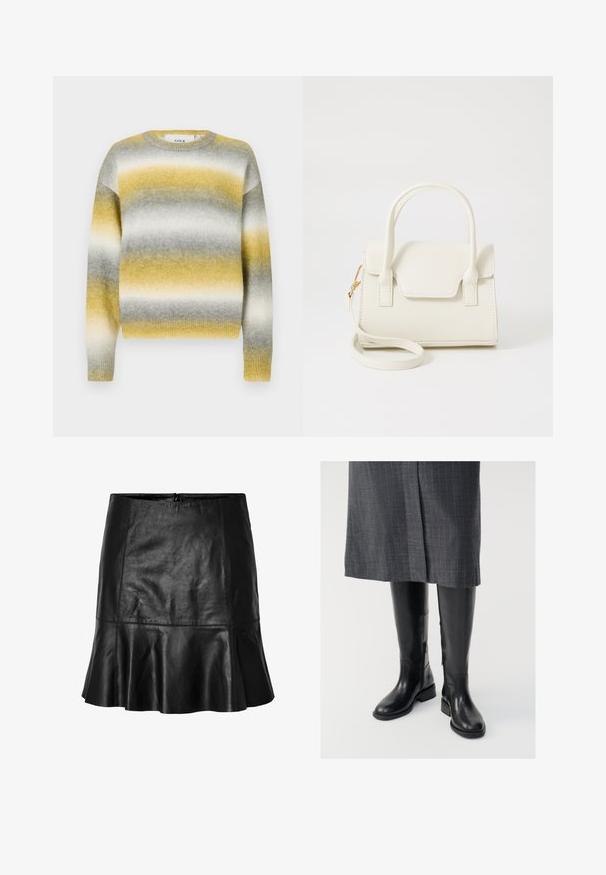 Strikket sweater med vandrette striber i gul, grå og hvid. Rund halsudskæring, ribbede ærmer og blødt, struktureret stof.; Sort læder mini nederdel med flagrende kant og synlige sømdetaljer, featuring en lynlås lukning bagpå.; Knæhøje sorte læderstøvler med en glat tekstur, lynlåse i siden og en flad sål. Støvlerne har et struktureret skaft og minimalt hardware.; Lille hvid håndtaske med dobbelte håndtag, frontklap og aftagelig skulderrem med guldlås på hvid baggrund.