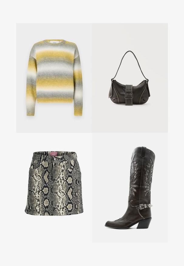 Strikket sweater med vandrette striber i gul, grå og hvid. Rund halsudskæring, ribbede ærmer og blødt, struktureret stof.; Sort, beige og hvid A-formet mininederdel i faux slangeskind med lommer foran og en knaplukning i taljen.; Sort læder cowboystøvle med dekorative udskæringer, sølvspænde og skrå hæl, vist på hvid baggrund.; Sort læder skuldertaske med spænde på remmen, afrundede kanter og kontrasterende hvide syninger på en ensfarvet baggrund.