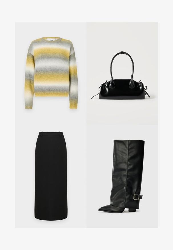 Strikket sweater med vandrette striber i gul, grå og hvid. Rund halsudskæring, ribbede ærmer og blødt, struktureret stof.; Sort blyantskørt med tætsiddende design, glat tekstur, længde til midt på læggen og en talje med bæltestropper. Ingen pynt.; Sorte læder ankelstøvler i ankellængde med spids tå, glat tekstur og en sølvspændeaccents på siden. Kraftig firkantet hæl.; Lille sort blank håndtaske med to lange håndtag og snøre-detaljer i siden på en ensfarvet lys baggrund.