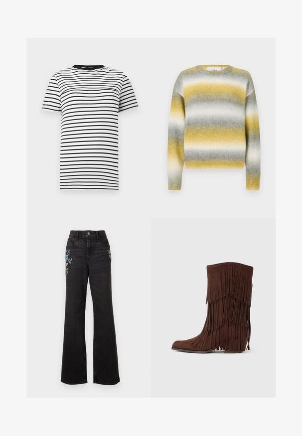 Strikket sweater med vandrette striber i gul, grå og hvid. Rund halsudskæring, ribbede ærmer og blødt, struktureret stof.; Sort-hvid stribet t-shirt lavet af blødt stof. Har en rund halsudskæring og korte ærmer, med jævnt fordelte vandrette striber.; Sorte jeans med høj talje og vidde ben med broderede blå og hvide blomsterdesigns på øverste lår og fem-lomme styling.; Brun ruskindsstøvle til midt på læggen med lagdelt frynsedetalje og lav blokhæl, vist mod en enkel lys baggrund.