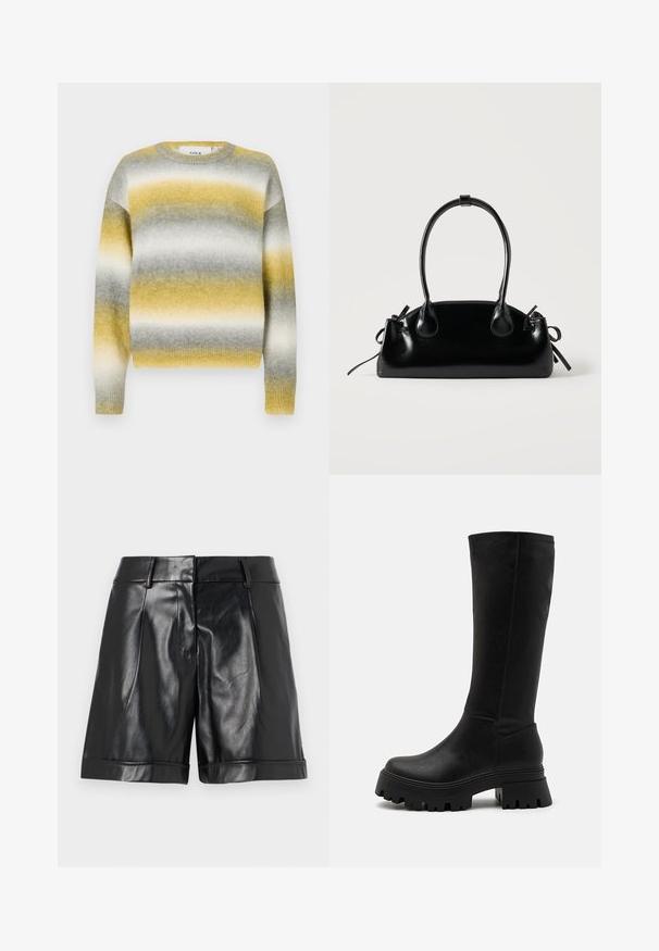 Strikket sweater med vandrette striber i gul, grå og hvid. Rund halsudskæring, ribbede ærmer og blødt, struktureret stof.; Sorte lædershorts med en blank finish, frontplisseringer og en rullet kant. Slank design med en skræddersyet talje og minimal hardware.; Sorte knælange støvler lavet af syntetisk læder, med en chunky gummisål med dybe riller, glat overflade og minimale syninger.; Lille sort blank håndtaske med to lange håndtag og snøre-detaljer i siden på en ensfarvet lys baggrund.