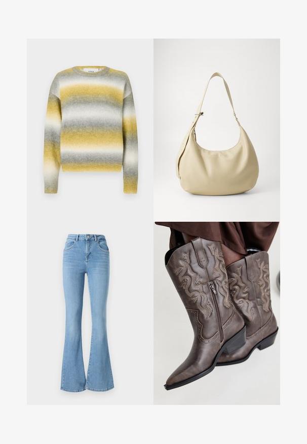 Gebreide trui met horizontale strepen in geel, grijs en wit. Ronde halslijn, geribbelde manchetten en een zachte, gestructureerde stof.; Lichtblauwe flared jeans van denim, met een hoge taille, twee voorzakken en gestikte details langs de naden.; Bruine leren cowboylaarzen met een spitse neus, zijrits en een textuur van een slang in beige, met decoratieve studs langs de randen.; Beige leren schoudertas met een gebogen vorm, verstelbare schouderband en reliëf logo detail, met een gladde textuur en een minimalistisch ontwerp.