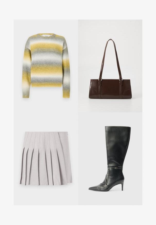 Pull en tricot avec des rayures horizontales jaunes, grises et blanches. Encolure ronde, poignets côtelés et tissu doux et texturé.; Jupe plissée grise au toucher lisse, dotée de multiples plis verticaux et d'une taille ajustée. Fabriquée en tissu léger.; Bottes noires en cuir montant jusqu'au genou, avec un talon fin, un bout pointu et des détails de lanière à la cheville. Texture lisse et design ajusté.; Sac à main en cuir verni marron de forme rectangulaire, avec deux longues poignées et des accents courbés subtils à l'avant.