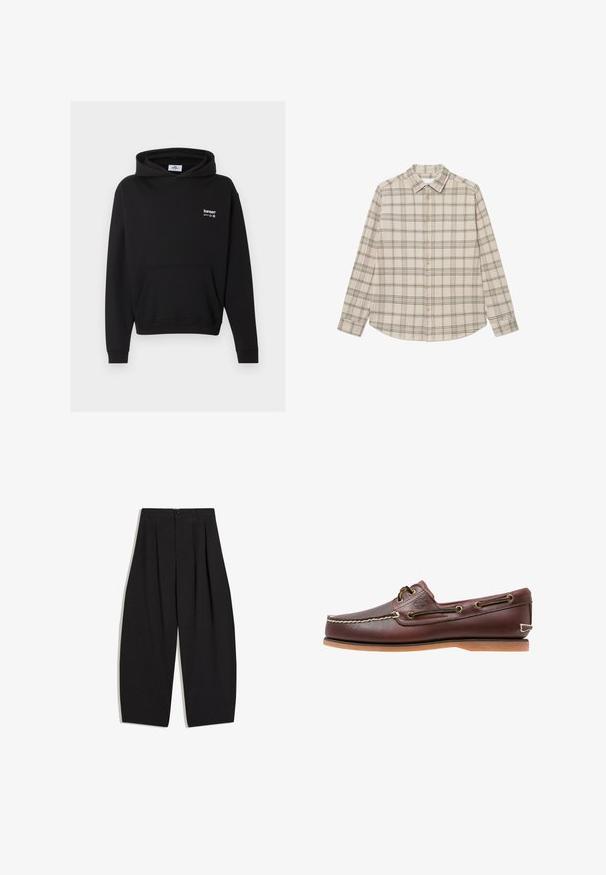 Sweat à capuche noir avec poche avant et logo blanc « bareen » sur la poitrine, présenté sur un fond gris.; Chemise à carreaux beige avec des manches longues, fermeture à boutons à l'avant et col pointu. Présente un motif à carreaux en vert foncé et beige clair.; Pantalon noir à jambes larges, taille haute, avec plis, bouton et fermeture éclair à l'avant, posé à plat sur un fond blanc.; Chaussure bateau en cuir marron avec coutures blanches, détails de lacets et semelle en caoutchouc beige, vue de côté sur fond blanc.