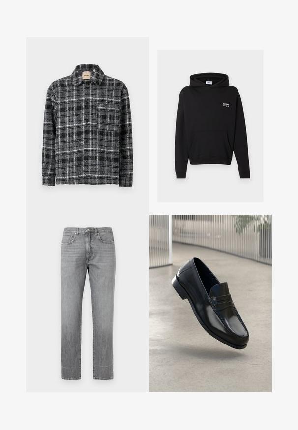 Sweat à capuche noir avec poche avant et logo blanc « bareen » sur la poitrine, présenté sur un fond gris.; Chemise à carreaux noire, blanche et grise avec col, manches longues et boutonnière à l'avant. Elle dispose d'une poche poitrine pour un détail supplémentaire.; Jean denim gris à jambe droite avec cinq poches et fermeture par boutons, présenté sur un fond blanc uni.; Mocassins en cuir noir à finition lisse, bout arrondi, coutures décoratives et semelle extérieure légèrement surélevée.