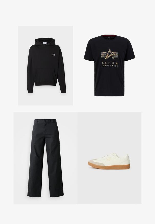 Sweat à capuche noir avec poche avant et logo blanc « bareen » sur la poitrine, présenté sur un fond gris.; T-shirt en coton noir avec un graphique camouflage des lettres "A" et "I" et le texte "ALPHA INDUSTRIES" dans une couleur contrastante.; Pantalon noir à jambes larges en coton. Doté d'une fermeture à bouton, de passants de ceinture et de poches latérales. Texture lisse avec une coupe ajustée.; Baskets en cuir blanc avec une coque beige et une semelle en caoutchouc marron clair. Dotées de lacets blancs plats et d'un logo embossé sur le côté.