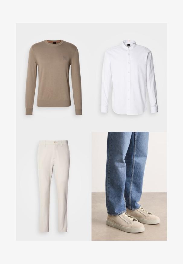 Beige crewneck trui voor heren met lange mouwen, geribbelde manchetten en zoom, voorzien van een klein vierkant logopatched op de borst.; Witte lange mouwen shirt met een bandkraag, knoopsluiting aan de voorkant en afgeronde zoom. Gemaakt van katoen, met een gladde textuur en subtiele glans.; Beige broek met een slim fit, voorzien van een sluiting met een voorste knoop, een vlakke voorkant en een rechte pijp, gemaakt van een gladde katoenmix.; BOSS GARYTENN_SDHDEL - Sneakers laag - natural ten