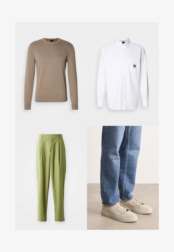 Beige crewneck trui voor heren met lange mouwen, geribbelde manchetten en zoom, voorzien van een klein vierkant logopatched op de borst.; Witte overhemd met lange mouwen en knoopsluiting, met een geknoopt kraag, een voorke pocket met een klein geborduurd bruine en zwarte "B" logo.; Lichtgroene broek van een gestructureerde stof, met een rechte pasvorm, plooien aan de voorkant en een standaard tailleband.; BOSS GARYTENN_SDHDEL - Sneakers laag - natural ten