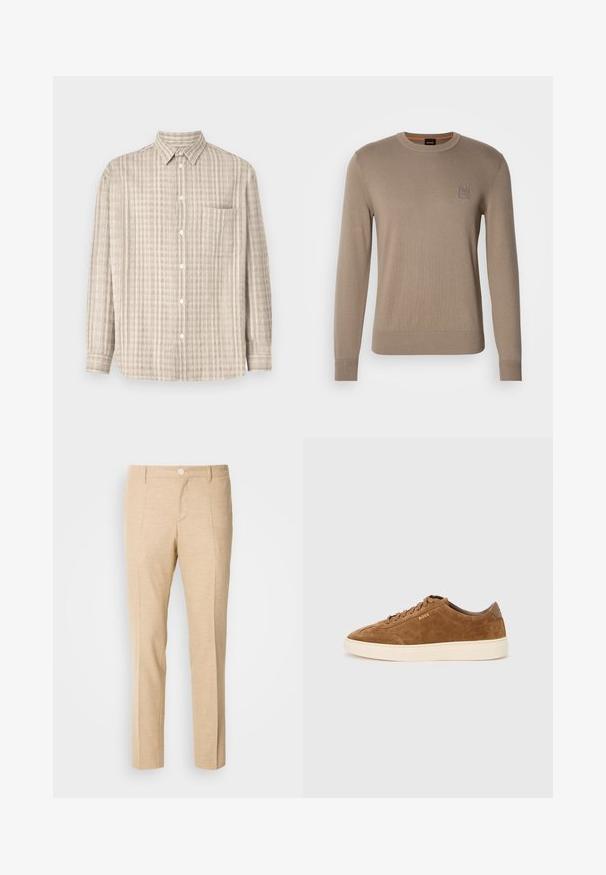 Herrebeige crewneck sweater med lange ærmer, ribbede manchetter og kant, med et lille firkantet logo på brystet.; Button-up skjorte i lys beige, med et ternet mønster, lange ærmer, en brystlomme og et almindeligt kravedesign.; Beige skræddersyede bukser med en struktureret stof, lige ben-design, frontklapper og en enkelt knaplukning i taljen.; Brun ruskindsneakers med rundet tå, cremefarvet gummisål og ton-i-ton snørebånd. Har præget logo på siden og en glat bagplade.