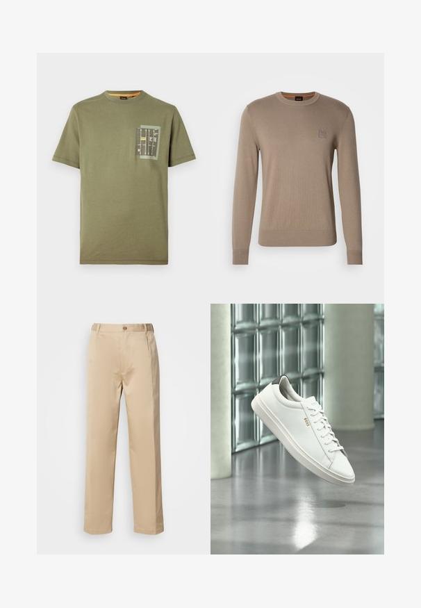 Pull en beige pour homme avec col rond, manches longues, bords côtes aux poignets et à l'ourlet, arborant un petit patch logo carré sur la poitrine.; T-shirt en coton vert olive avec un col rond et des manches courtes. Présente une poche avec un imprimé graphique en noir, jaune et blanc.; Pantalons beiges en tissu léger, avec une coupe droite, une taille avec passants de ceinture et une fermeture à bouton sur le devant.; Baskets basses en cuir blanc avec lacets, languette de talon noire et logo « BOSS », flottant à l'intérieur près d'un mur en blocs de verre et d'un sol poli.