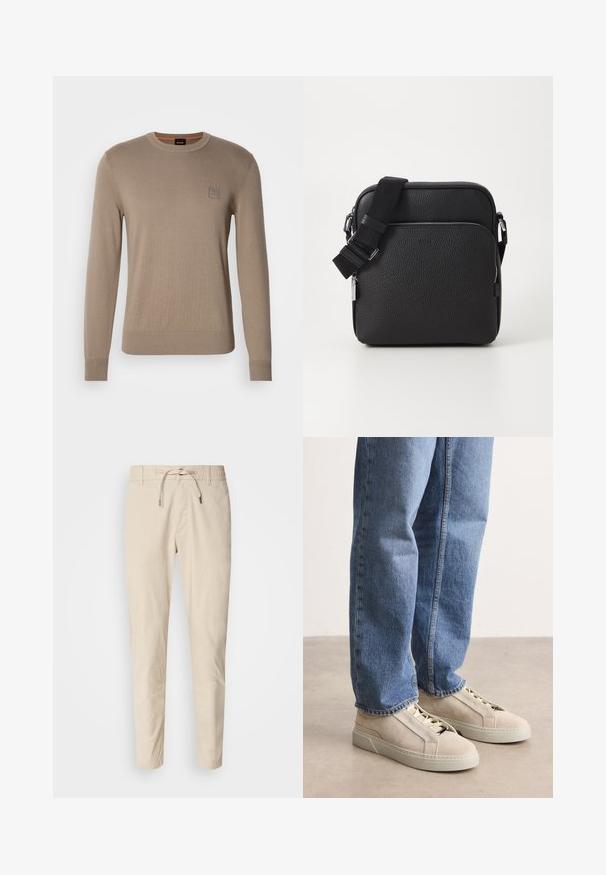 Herrebeige crewneck sweater med lange ærmer, ribbede manchetter og kant, med et lille firkantet logo på brystet.; Lys beige bukser med en glat stoftekstur, elastisk talje og justerbar snor. Taperet ben-design. Ingen synlige mønstre.; BOSS GARYTENN_SDHDEL - Sneakers - natural ten; Sorth læder crossover taske med en tekstureret overflade, der har en frontlomme med lynlås, justerbar strop og metal hardware detaljer.