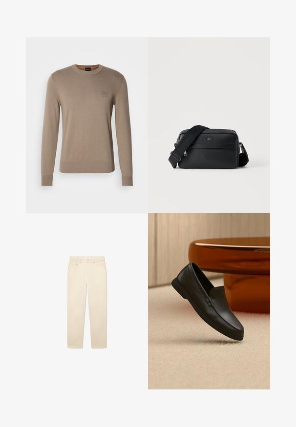 Beiger Rundhals-Pullover für Herren mit langen Ärmeln, gerippten Bündchen und Saum, der ein kleines quadratisches Logo-Patch auf der Brust trägt.; Weiße-beige Jeans aus Denim mit geradem Bein, fünf Taschen, einem Knopf- und Reißverschluss sowie dezenten Nähten.; Schwarzer Leder-Slipper auf beigefarbenem Teppich neben einem gebogenen bernsteinfarbenen Glastisch in einem neutral gestalteten Raum.; Schwarze, strukturierte Leder-Crossbody-Tasche mit vorderer Reißverschlusstasche und verstellbarem breitem Stoff-Schulterriemen auf weißem Hintergrund.